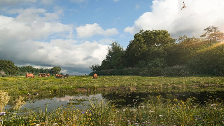 Render of Heacham Habitat Bank with habitats restored, showing a lush meadow and pond surrounded by trees with a bird flying above and cattle grazing in the background