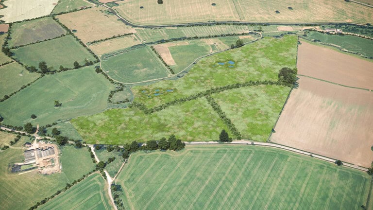 Birds-eye render of Kilby Habitat Bank with habitats restored, including new ponds and lowland meadows