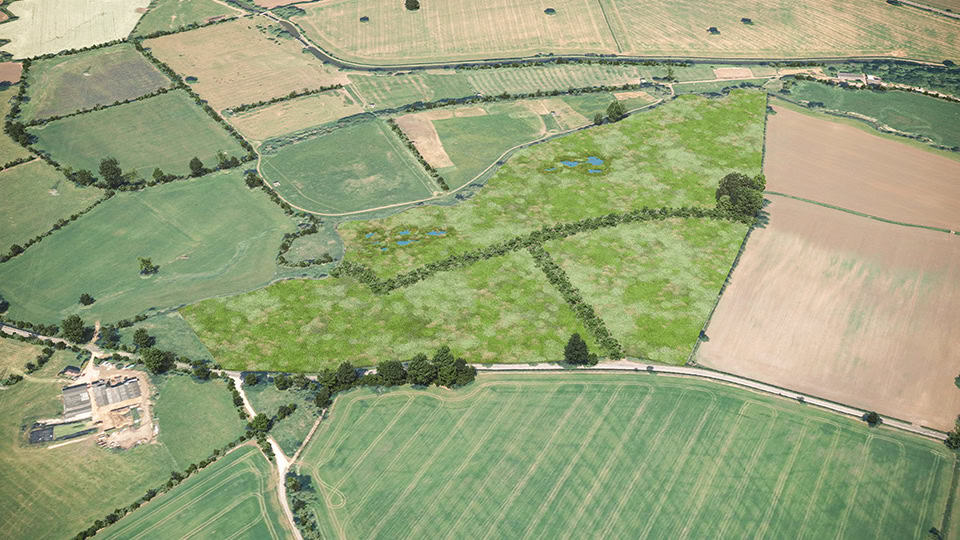Birds-eye render of Kilby Habitat Bank with habitats restored, including new ponds and lowland meadows