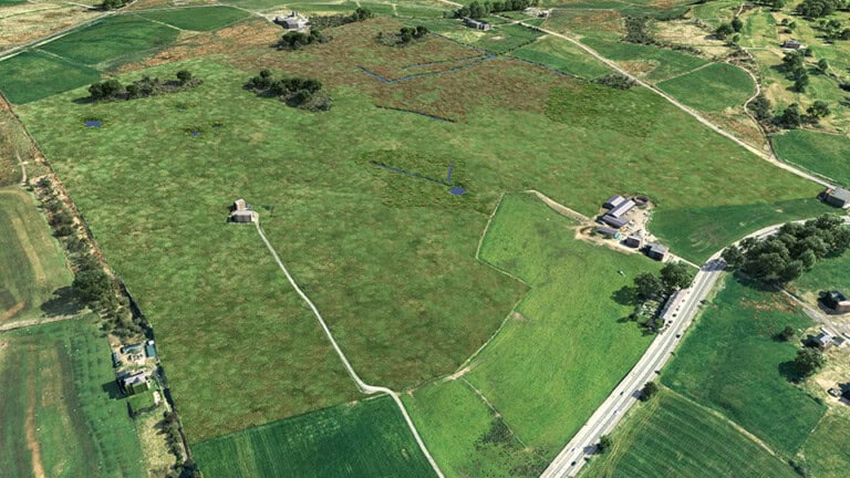 Birds-eye render of Horwich Habitat Bank with habitats restored, including new ditches, scrub, ponds, and rich grassland
