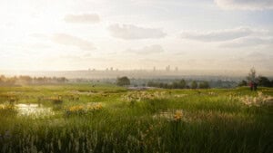 Render of Horwich Habitat Bank with habitats restored, showing lush meadows and ponds with Manchester city skyline in the background