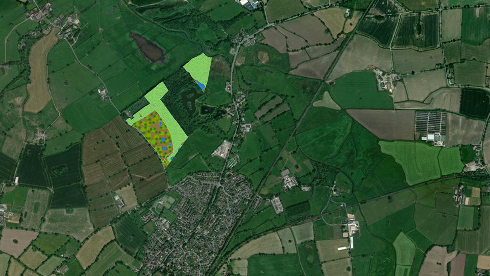 Birds-eye map of Ellesmere Port Habitat Bank showing the areas that are going to be restored into new habitats
