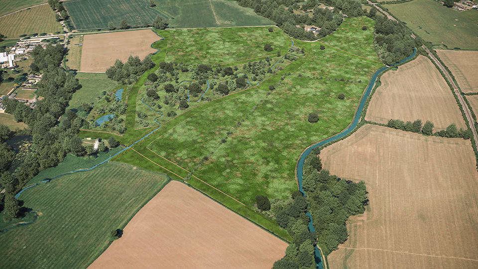 Birds-eye render of Newton Harcourt Habitat Bank with habitats restored, including new meadows, ponds, scrub, and grassland