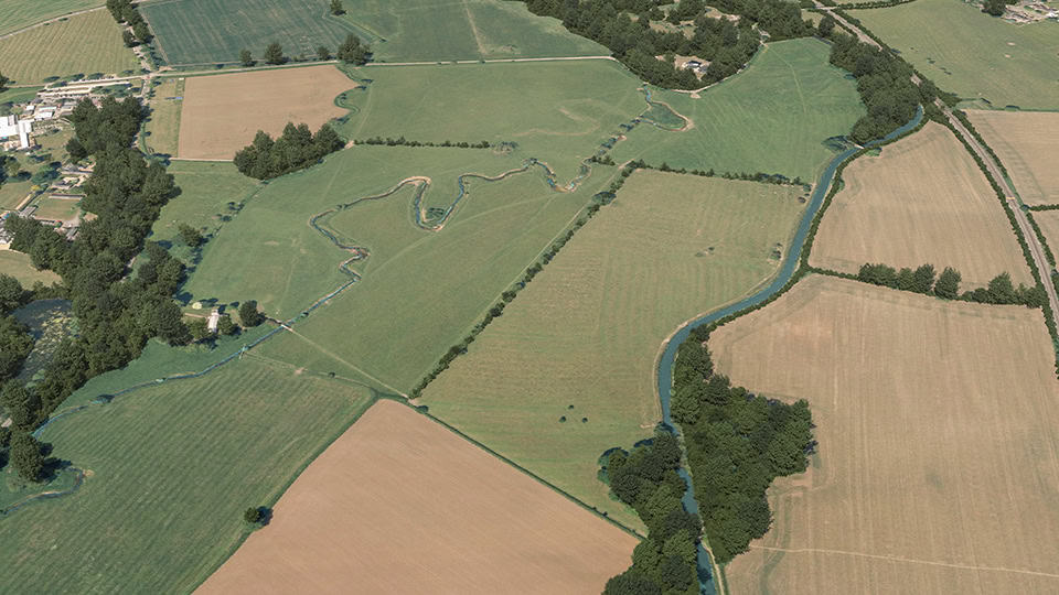 Birds-eye render of Newton Harcourt Habitat Bank before restoration