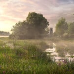 Render of Newton Harcourt Habitat Bank with habitats restored, showing beautiful wetland landscape surrounded by trees with a church in the background