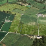 Birds-eye render of Ripon Habitat Bank with habitats restored, including new meadows, ponds, scrub, grassland, and river