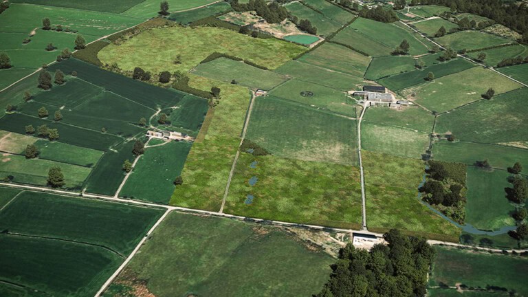 Birds-eye render of Ripon Habitat Bank with habitats restored, including new meadows, ponds, scrub, grassland, and river