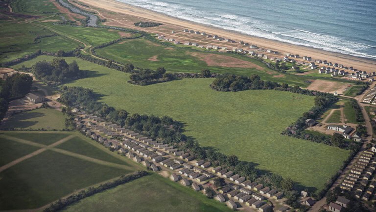 Birds-eye render of Heacham Habitat Bank with habitats restored, showing new scrub, grassland, ponds, native hedgerow, broadleaved woodland, and meadows next to the Norfolk coastline