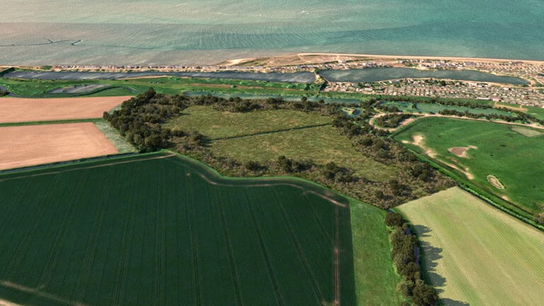 Birds-eye render of Snettisham Habitat Bank with habitats restored, including new grassland and scrub right beside the Norfolk coast