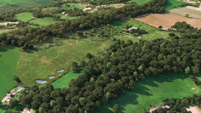 Birds-eye render of Martley Habitat Bank with habitats restored, including new meadows, scrub, grassland, orchards, ponds, native hedgerow, and trees