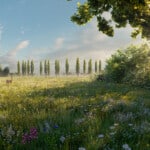 Render of Emberton Habitat Bank with habitats restored, showing native deer crossing a beautiful wildflower meadow with sunshine emerging through a hedgerow