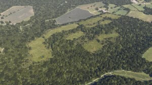 Birds-eye render of Ardingly Habitat Bank with habitats restored, including new meadows, native hedgerow, ditches, woodland, scrub, and ponds