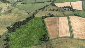 Birds-eye render of Bingfield Habitat Bank with habitats restored, including new meadows, ponds, and scrub