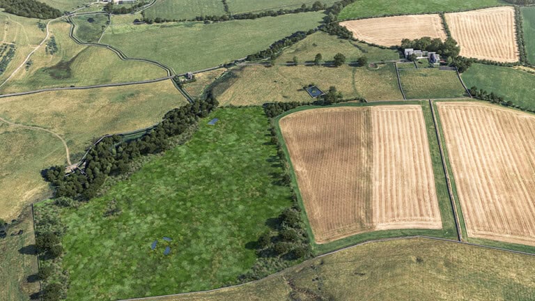 Birds-eye render of Bingfield Habitat Bank with habitats restored, including new meadows, ponds, and scrub