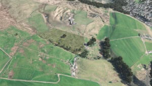 Birds-eye render of Shaw Habitat Bank with habitats restored, including new trees, ponds, and lowland meadows