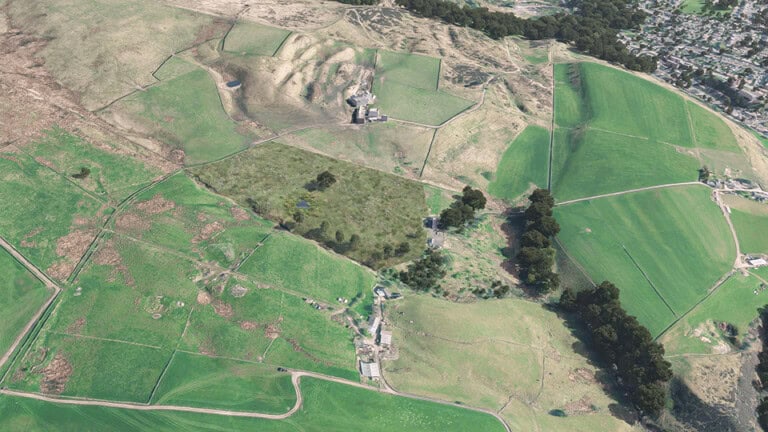 Birds-eye render of Shaw Habitat Bank with habitats restored, including new trees, ponds, and lowland meadows