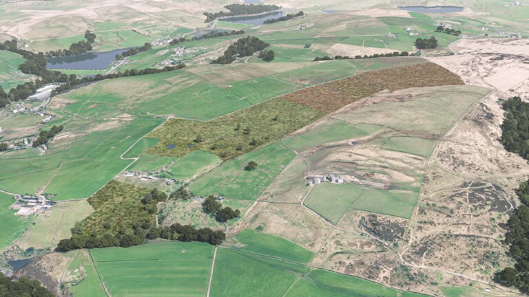 Birds-eye render of Newhey Habitat Bank with habitats restored, including new fens, meadows, ponds, trees, scrub, and grassland