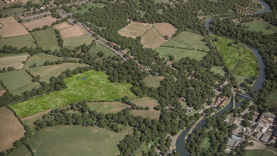 Birds-eye render of Whitby Habitat Bank with habitats restored, including new meadows, scrub, and ponds