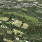 Birds-eye render of Bolsterstone Habitat Bank with habitats restored, including new meadows, scrub, ponds, and broadleaved woodland