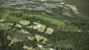 Birds-eye render of Bolsterstone Habitat Bank with habitats restored, including new meadows, scrub, ponds, and broadleaved woodland
