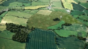Birds-eye render of Winnington Habitat Bank with habitats restored, including new scrub, meadows, grassland, and broadleaved woodland