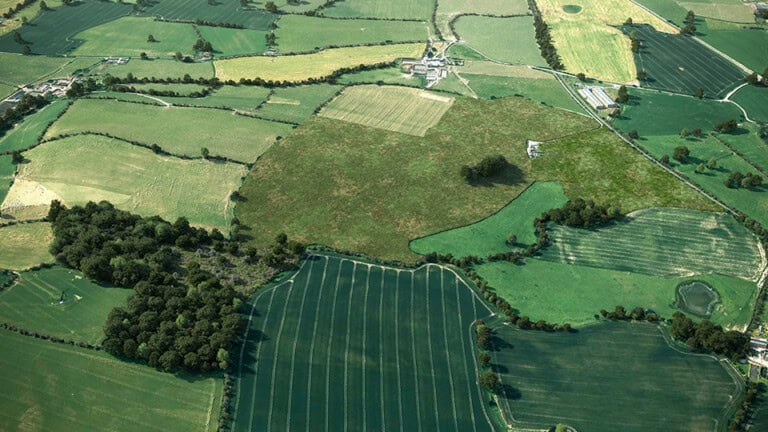 Birds-eye render of Winnington Habitat Bank with habitats restored, including new scrub, meadows, grassland, and broadleaved woodland
