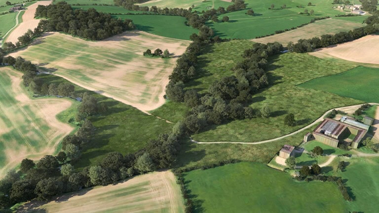 Birds-eye render of Ludlow Habitat Bank with habitats restored, including new ponds, woodland, meadows, scrub, and grassland