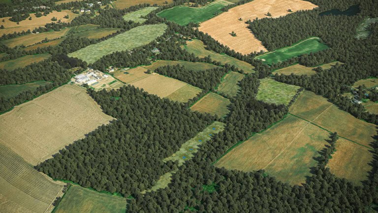 Birds-eye render of Blackboys Habitat Bank with habitats restored, including new meadows, scrub, grassland, ponds, and broadleaved woodland
