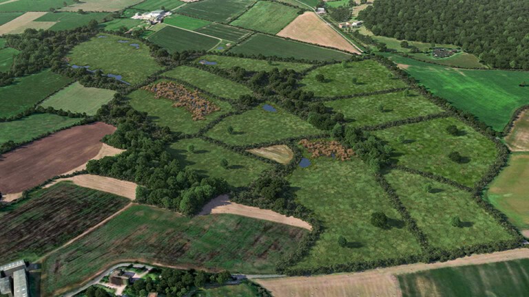 Birds-eye render of Chippenham Habitat Bank with habitats restored, including new meadows, hedgerow, trees, ditches, ponds, rivers, scrub, culvert, and broadleaved woodland