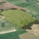 Birds-eye render of Hoscar Habitat Bank with habitats restored, including new woodland, meadows, and grassland