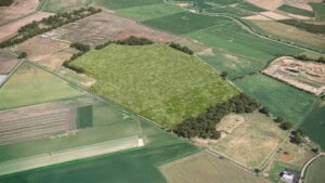 Birds-eye render of Hoscar Habitat Bank with habitats restored, including new woodland, meadows, and grassland
