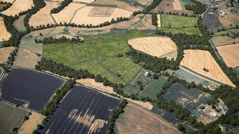 Birds-eye render of Cornwell Habitat Bank with habitats restored, including new meadows, ponds, grazing marsh, scrub, grassland, and native hedgerow