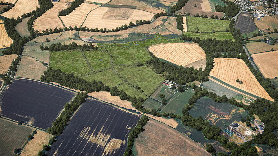 Birds-eye render of Cornwell Habitat Bank with habitats restored, including new meadows, ponds, grazing marsh, scrub, grassland, and native hedgerow