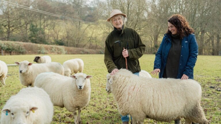 Environment Bank's Chief Land & Nature Officer, Emma, a woman in her forties with long curly brown hair, wearing a blue outdoor coat, stood on-site at a Habitat Bank with a landowner - a woman in her sixties with curly grey hair, wearing a hat, green fleece and blue jeans - and her herd of sheep