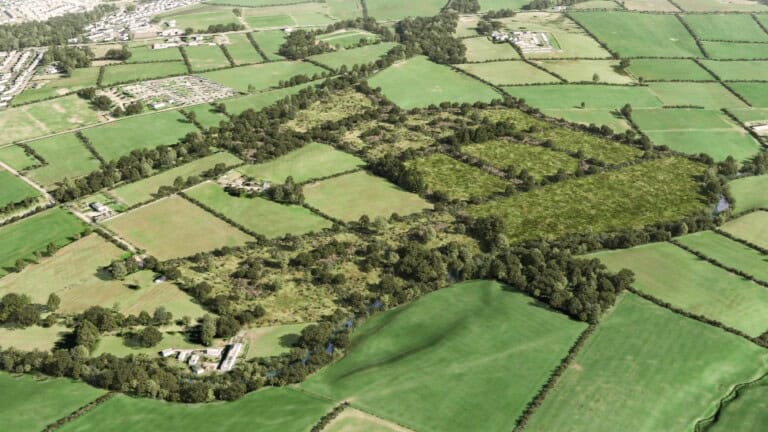 Birds-eye render of Cockermouth Habitat Bank with habitats restored, including new meadows, ponds, trees, scrub, and woodland