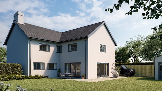 Render of Pretty Perfect Properties' development, a detached house with garden, hedge, and tree