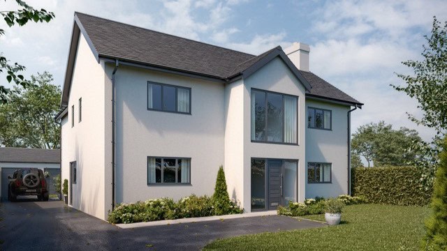 Render of Pretty Perfect Properties' development, a detached house with large windows alongside a garden, hedge, tree, and car parked in the driveway