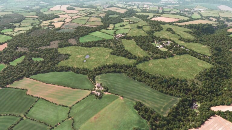 Birds-eye render of Cockermouth Habitat Bank with habitats restored, including new meadows, ponds, scrub, lowland heath, grassland, and woodland