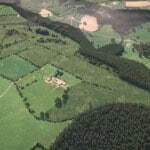 Birds-eye render of Wigmore Habitat Bank with habitats restored, including new meadows, hedgerow, scrub, grassland, and woodland
