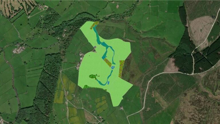 Birds-eye map of Keighley Habitat Bank showing the areas that are going to be restored into new habitats.