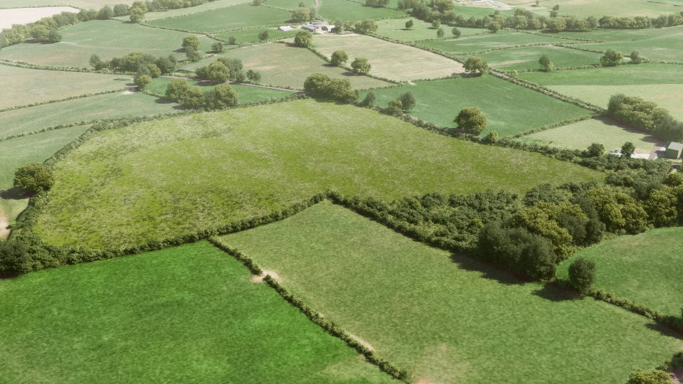 Birds-eye render of Puddington Habitat Bank with habitats restored, including new scrub and grassland