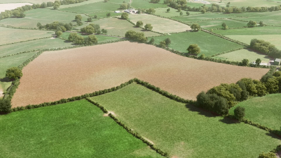 Birds-eye render of Puddington Habitat Bank before restoration