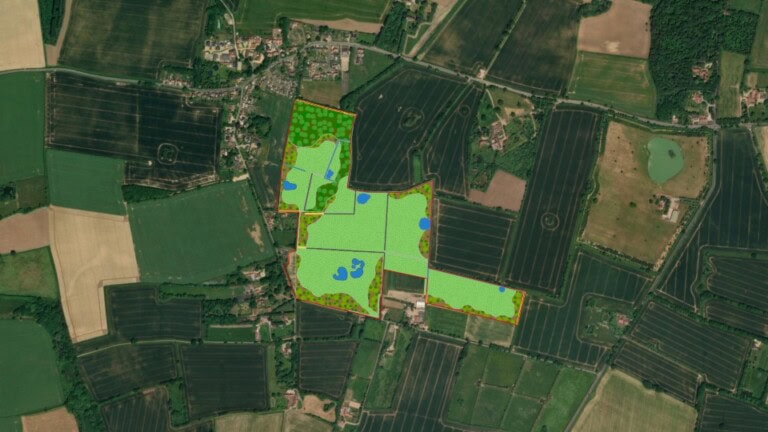 Birds-eye map of Dereham Habitat Bank showing the areas that are going to be restored into new habitats.