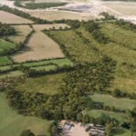 Birds-eye render of Dunstable Habitat Bank with habitats restored, including new meadows, scrub, and orchards