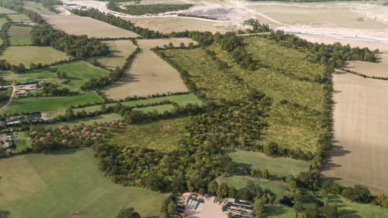 Birds-eye render of Dunstable Habitat Bank with habitats restored, including new meadows, scrub, and orchards