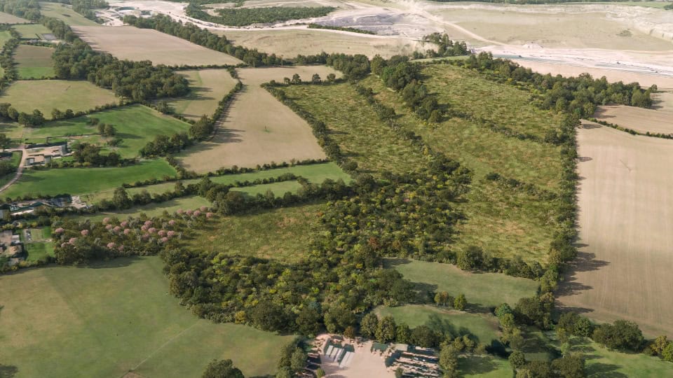 Birds-eye render of Dunstable Habitat Bank with habitats restored, including new meadows, scrub, and orchards