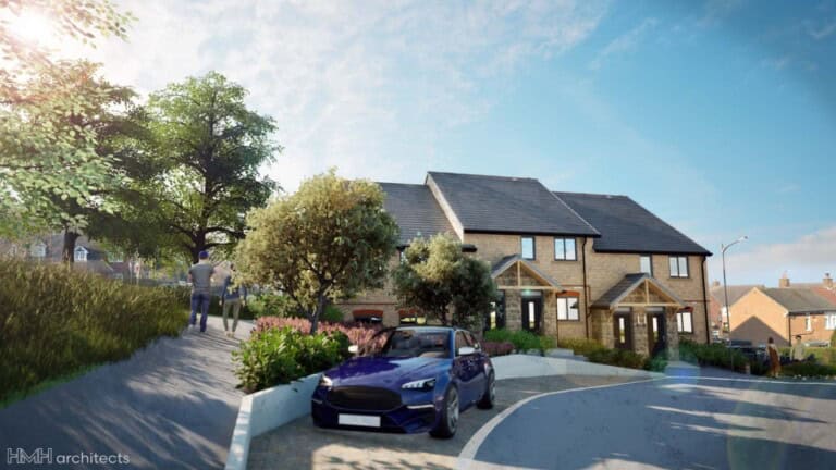 Render of Karbon Homes development showing new homes on a residential street with electric car parked out front with residents walking on a pathway through some trees