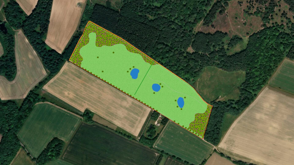 Birds-eye map of Coney Weston Habitat Bank showing the areas that are going to be restored into new habitats.