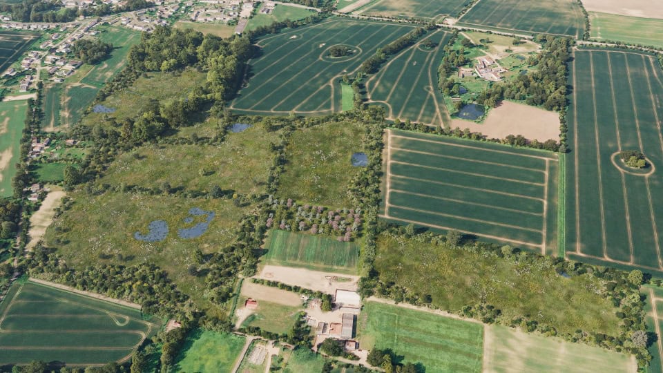 Birds-eye render of Dereham Habitat Bank with habitats restored, including new meadows, scrub, orchards, ponds, ditches, trees, grassland, and woodland