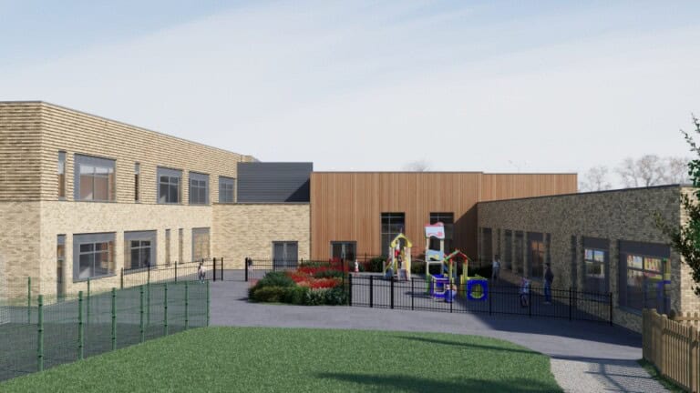 Vision of new SEND school showing building with grassy area, climbing frame, and fences